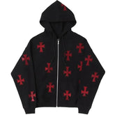 Sweat gothique à capuche noir et rouge croix