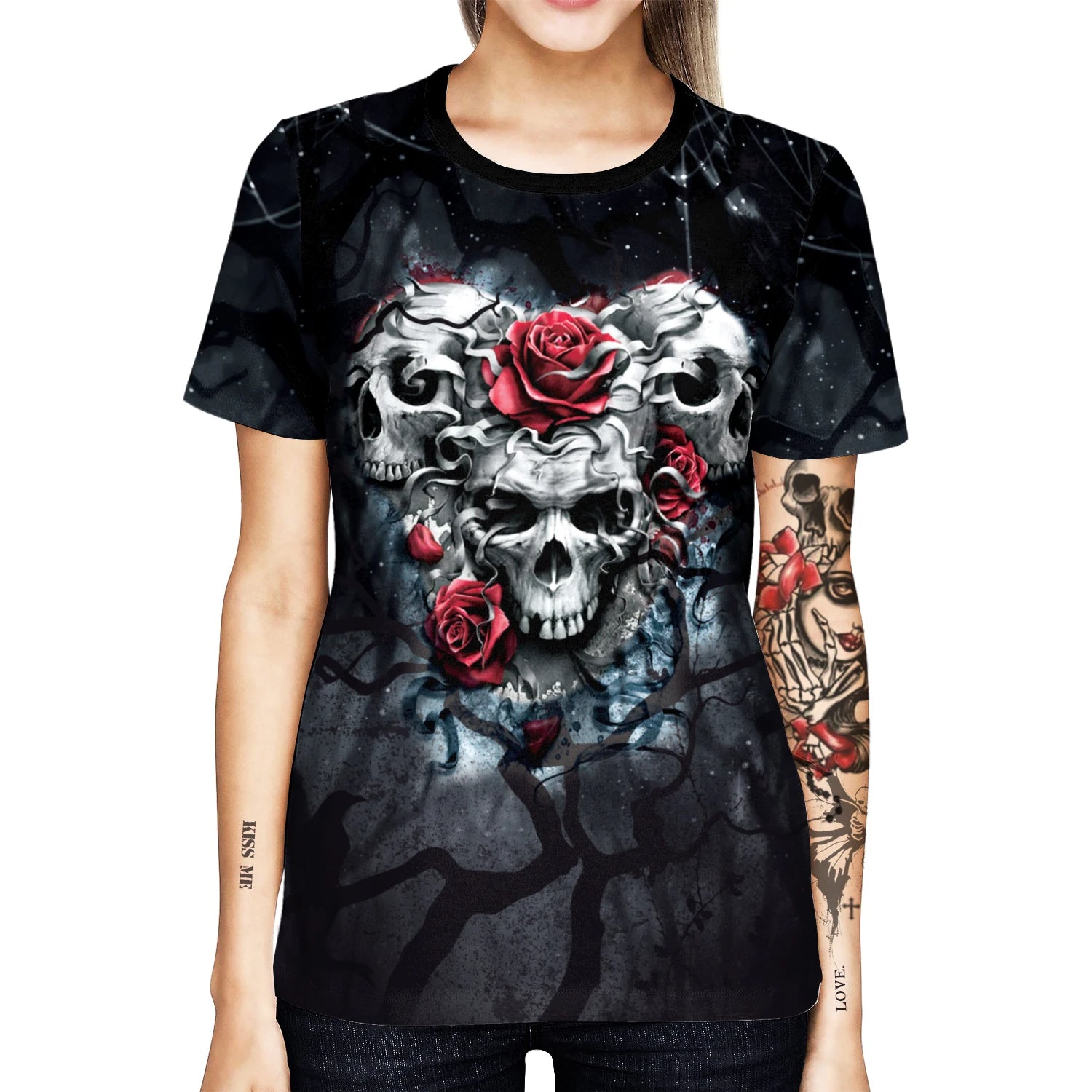 Tee-shirt gothique crane humain 3D & roses