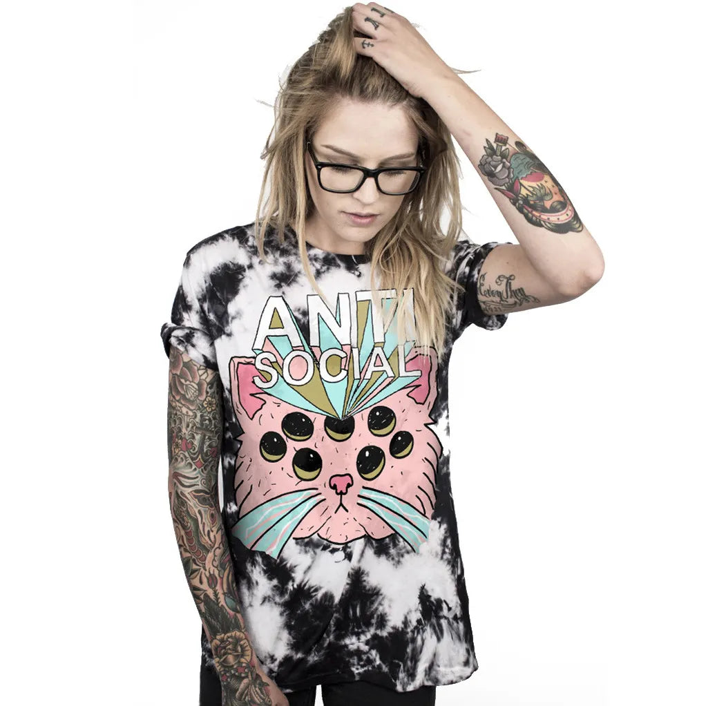 tee shirt gothique femme chat psychédelique multicolore