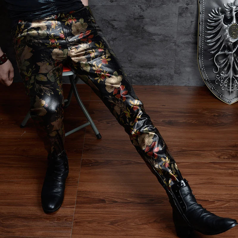 Pantalon gothique homme imprimé floral simili cuir
