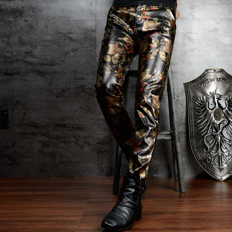 Pantalon gothique homme imprimé floral simili cuir